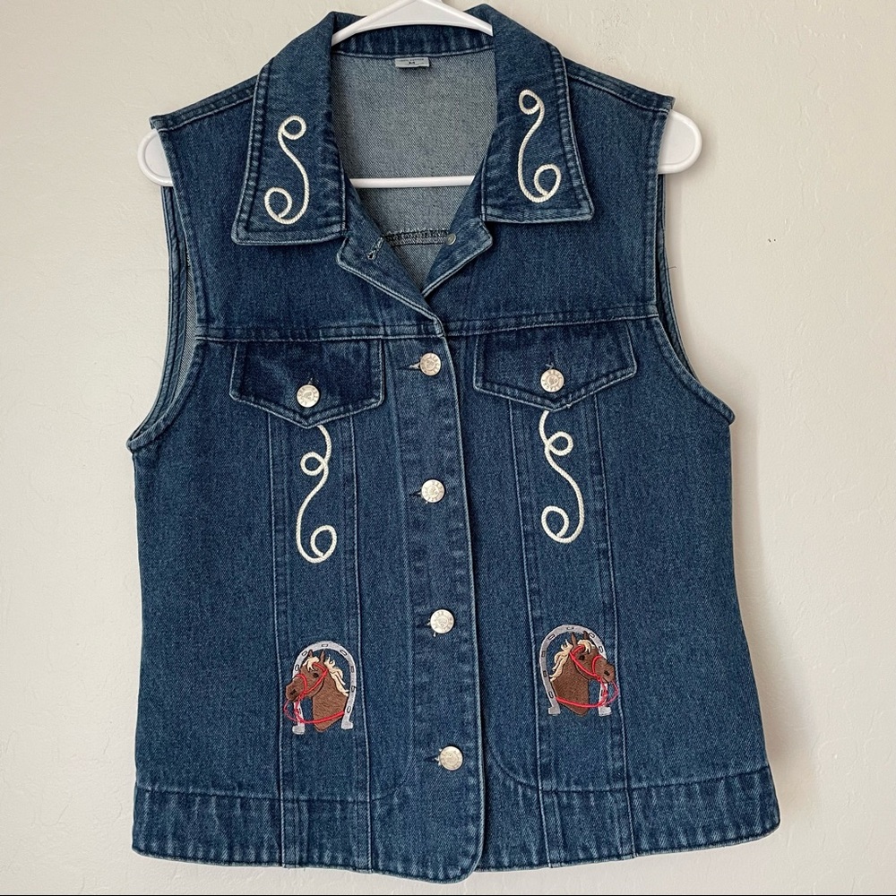 Vintage Apache West Denim Vest Embroidered Horse Size Medium